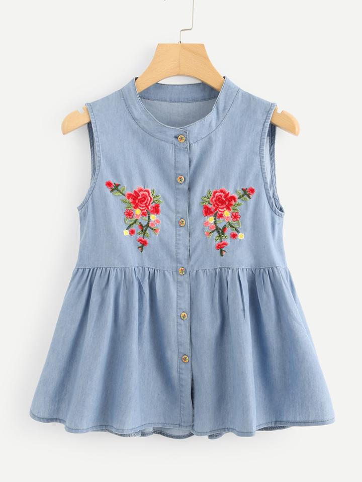 Romwe Embroidery Pep Hem Denim Blouse