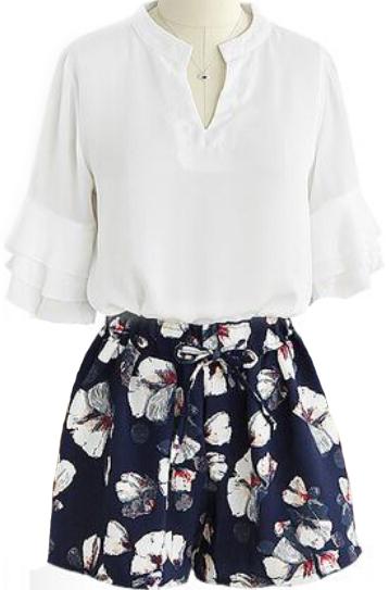 Romwe Butterfly Sleeve V Neck Top With Bow Florals Shorts