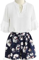 Romwe Butterfly Sleeve V Neck Top With Bow Florals Shorts