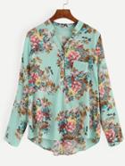 Romwe Pale Green Floral Print Blouse With Epaulet