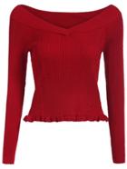 Romwe V Neck Fungus Hem Slim Red Sweater