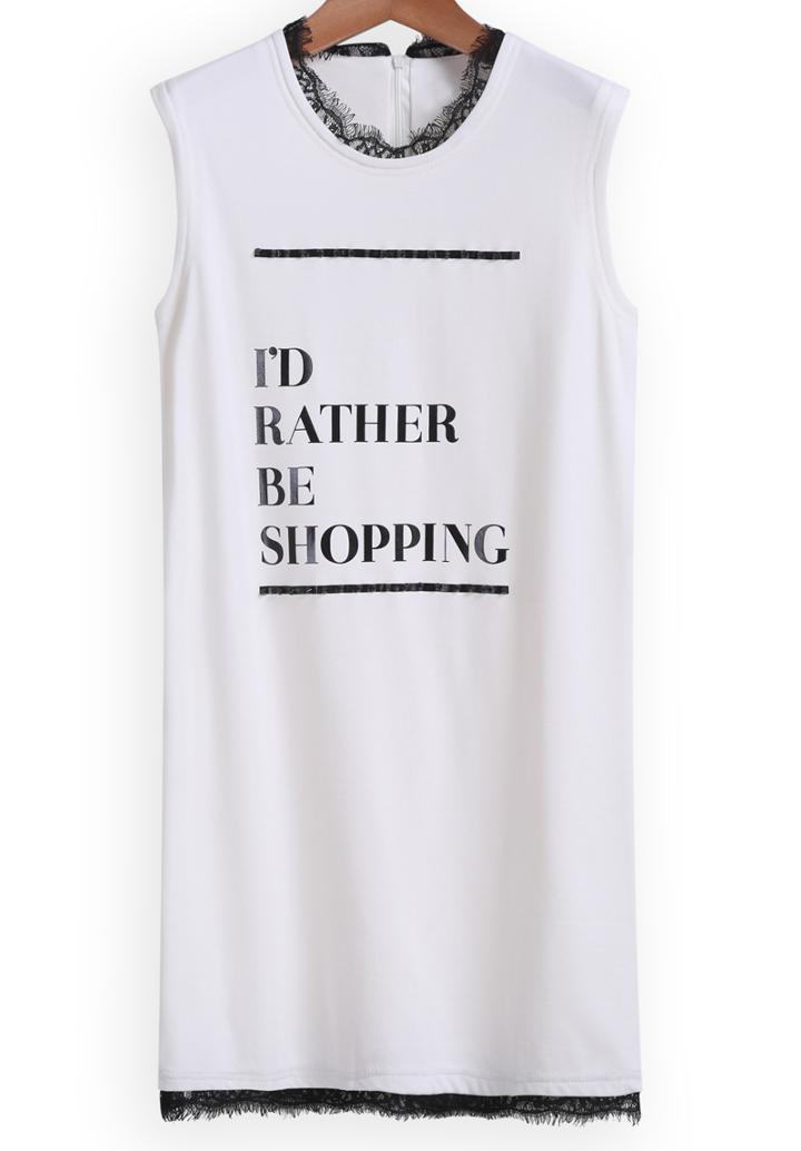 Romwe Lace Hem Letter Print White Tank Top