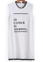 Romwe Lace Hem Letter Print White Tank Top