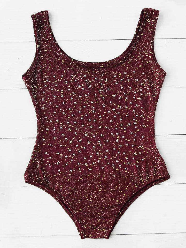 Romwe Rhinestone Overlay Dot Print Swimsuit