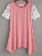 Romwe Pink Crochet Sleeve Asymmetric T-shirt