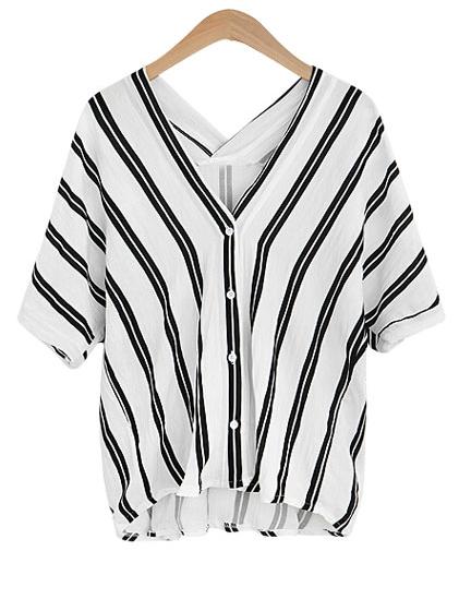 Romwe Double V-neck Black Vertical Striped Blouse