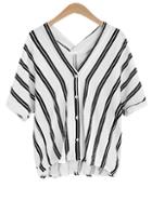 Romwe Double V-neck Black Vertical Striped Blouse