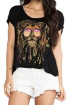 Romwe Cool Lion Print Black T-shirt