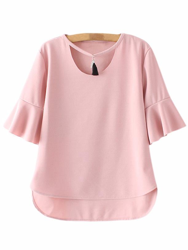 Romwe Pink Dip Hem Bell Sleeve Tassel Blouse