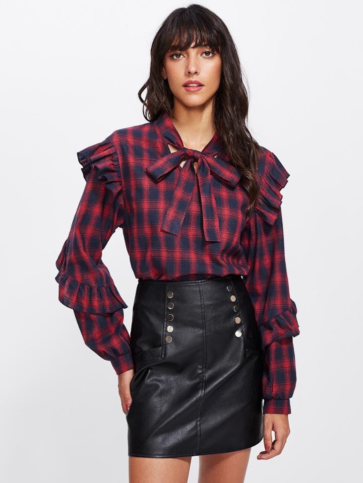 Romwe Tie Neck Ruffle Trim Plaid Blouse