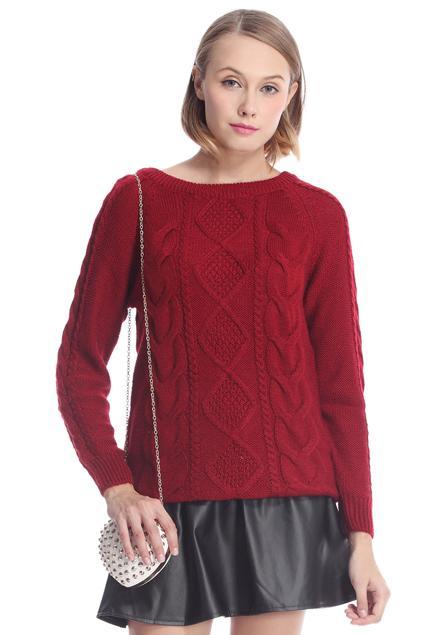 Romwe Diamond Cable Knit Burgundy Jumper