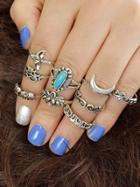Romwe 9 Pcs/set Elephant Moon Lotus Flower Rings