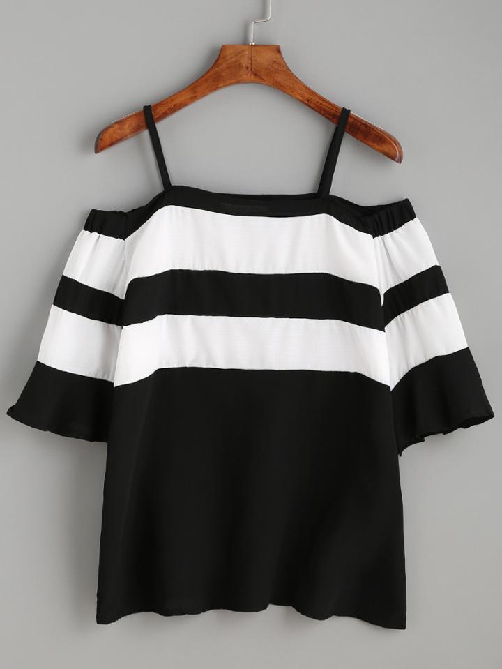 Romwe Black Contrast Panel Cold Shoulder Top