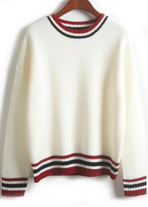 Romwe Striped Trim White Knit Sweater