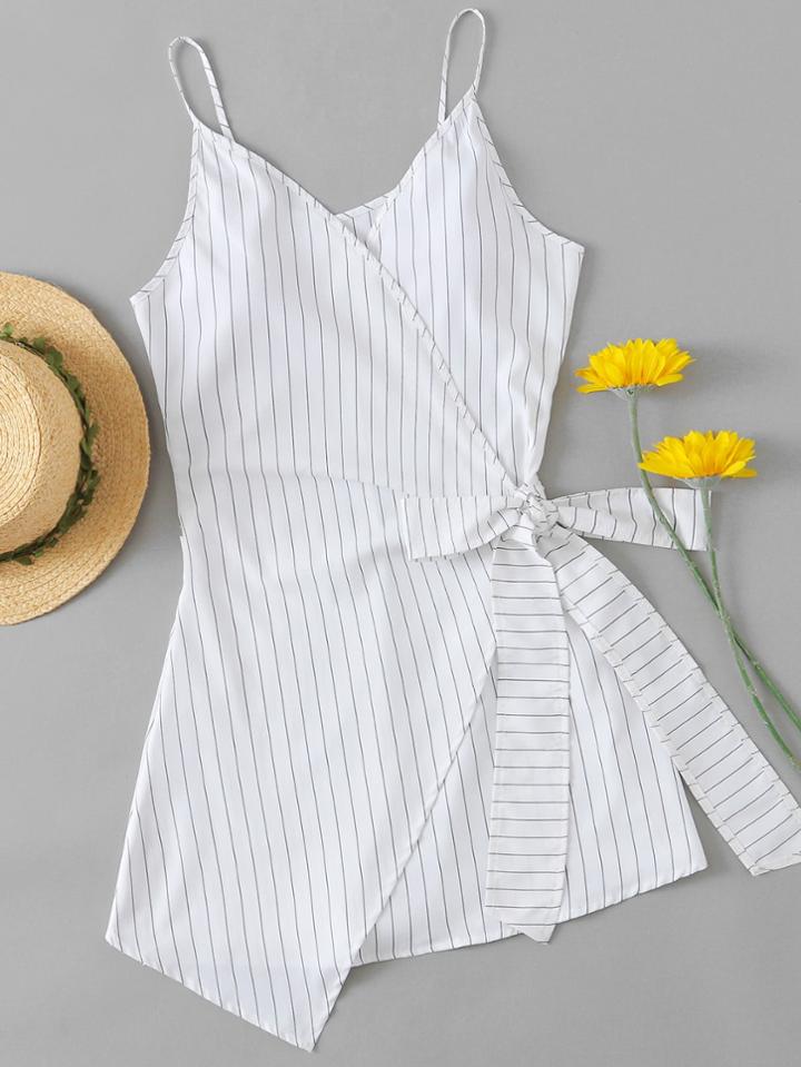 Romwe Striped Knot Waist Wrap Cami Dress