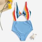 Romwe Striped Cut-out Knot Front One Piece Swim