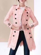 Romwe Pink Lapel Belted Pockets Lace Coat