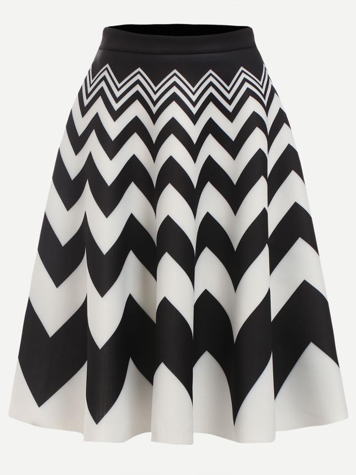 Romwe Black And White Chevron Print Flare Skirt