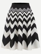 Romwe Black And White Chevron Print Flare Skirt
