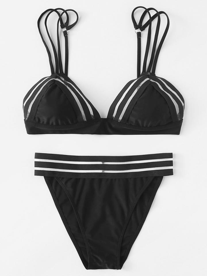 Romwe Strappy Mesh Panel Bikini Set