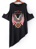 Romwe Black Cold Shoulder Eagle Printed Asymmetric T-shirt