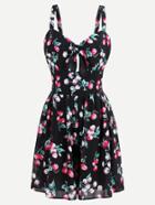 Romwe Allover Cherry Print Keyhole Front Swing Dress