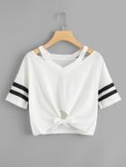 Romwe Cut Out Neck Varsity Striped Knot Front Tee