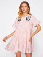 Romwe Flower Embroidered Trumpet Sleeve Tiered Dress
