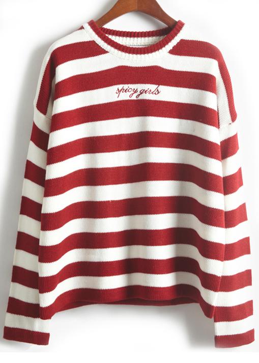 Romwe Embroidered Striped Red Sweater
