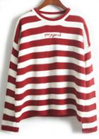 Romwe Embroidered Striped Red Sweater