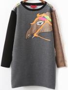 Romwe Color-block Camel Embroidered Fringe Tshirt Dress