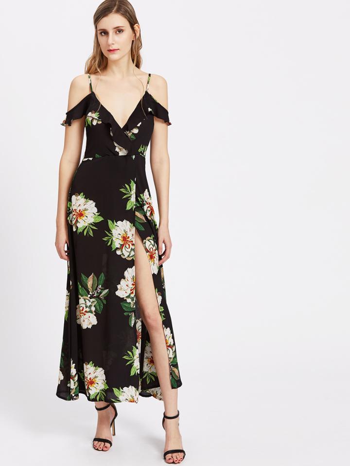 Romwe Florals Cold Shoulder Frill Trim Tie Back Wrap Dress