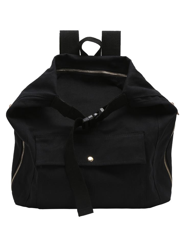 Romwe Black Canvas Buckle Zipper Backpack