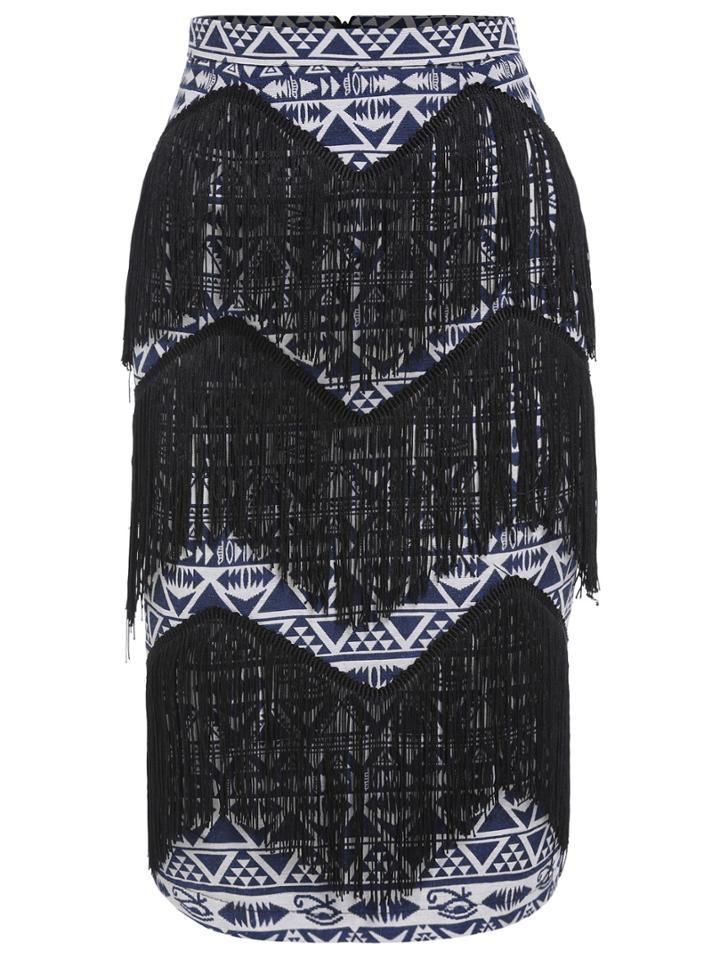 Romwe Geometric Print Tassel Blue Skirt