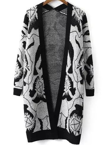 Romwe Abstract Print Fuzzy Black Coat
