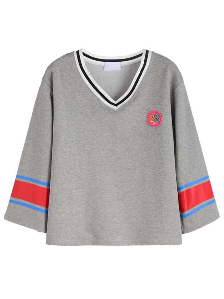 Romwe Grey Letters Patch Striped Detail Top