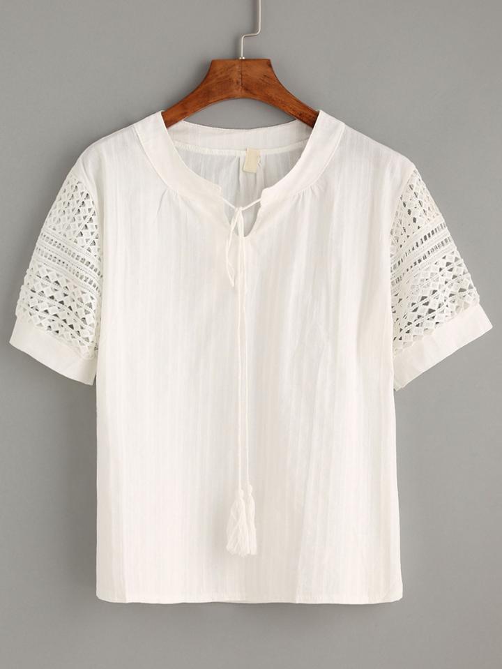 Romwe White Eyelet Crochet Sleeve Blouse