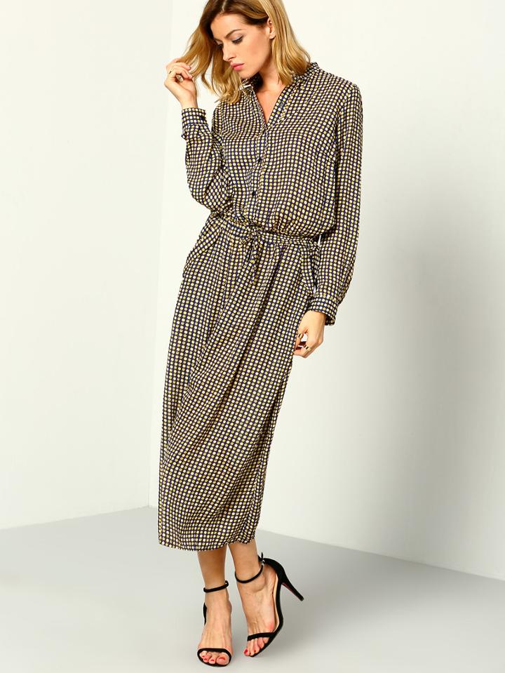 Romwe Lapel Drawstring Polka Dot Shirt Dress