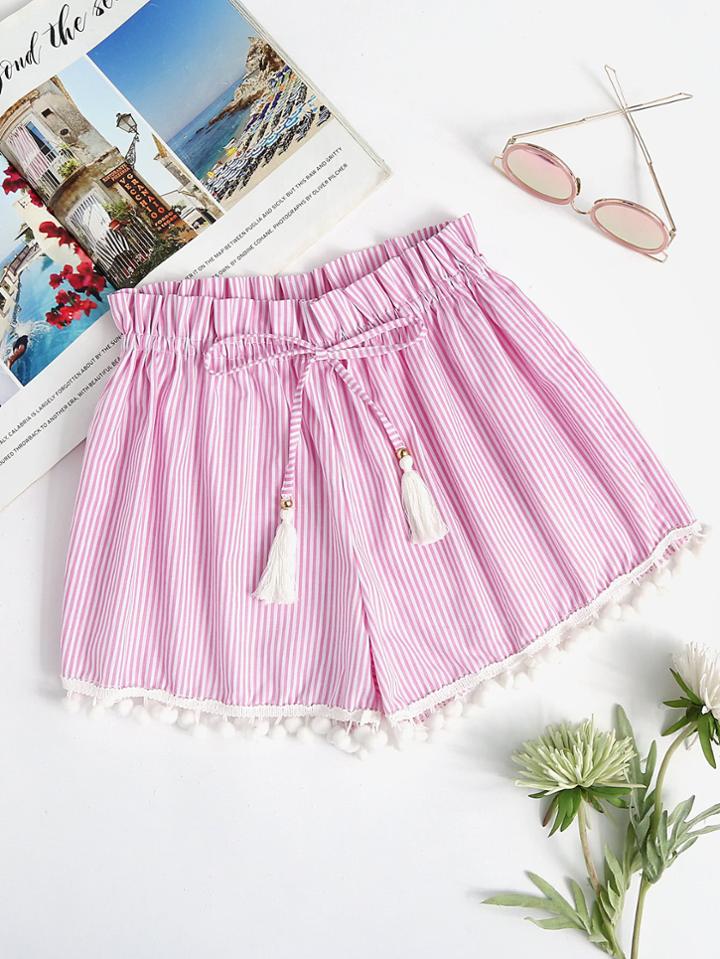 Romwe Vertical Striped Drawstring Pompom Shorts