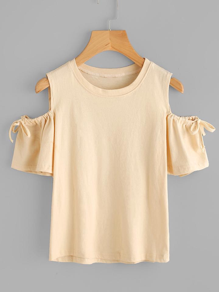 Romwe Open Shoulder Drawstring Sleeve Tee
