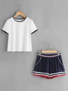Romwe Ringer Tee And Striped Waist Binding Shorts Set