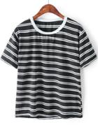 Romwe Black Short Sleeve Striped Slim T-shirt