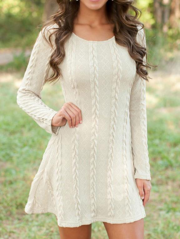 Romwe Crew Neck Cable Knit Beige Sweater Dress