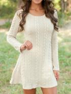 Romwe Crew Neck Cable Knit Beige Sweater Dress
