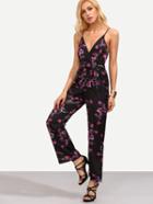 Romwe Black Floral Print Spaghetti Strap Wrap Jumpsuit