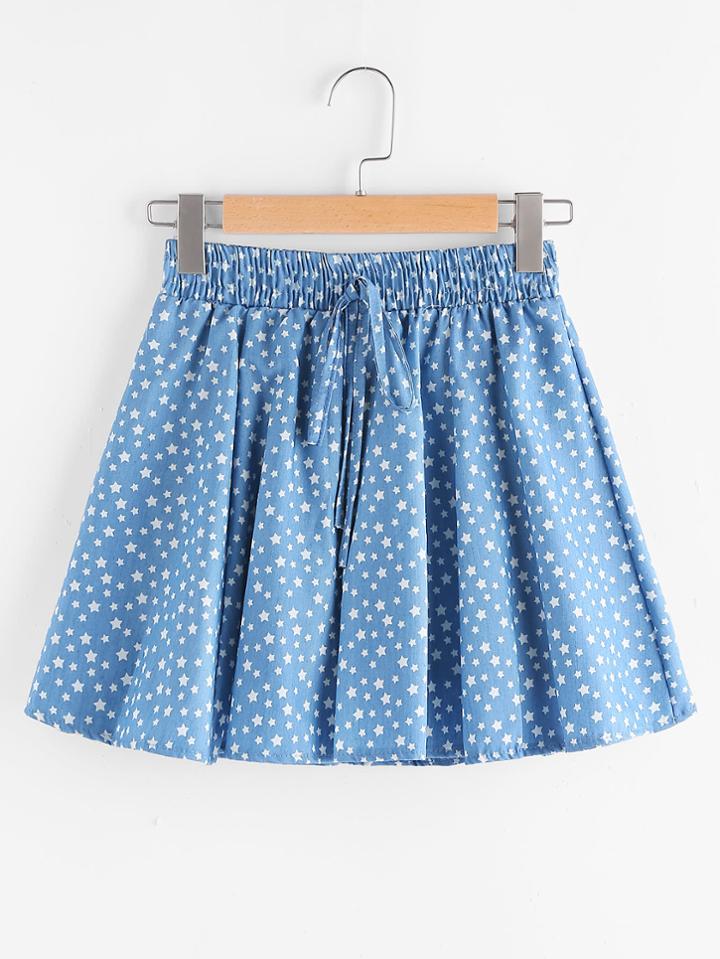 Romwe Star Print Drawstring Waist Chambray Skirt