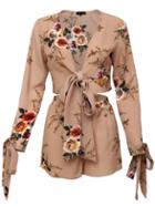 Romwe Apricot Floral Print Bow Tie Blouse With Shorts