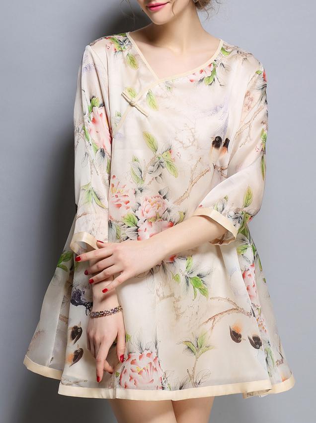 Romwe Nude V Neck Floral Shift Dress