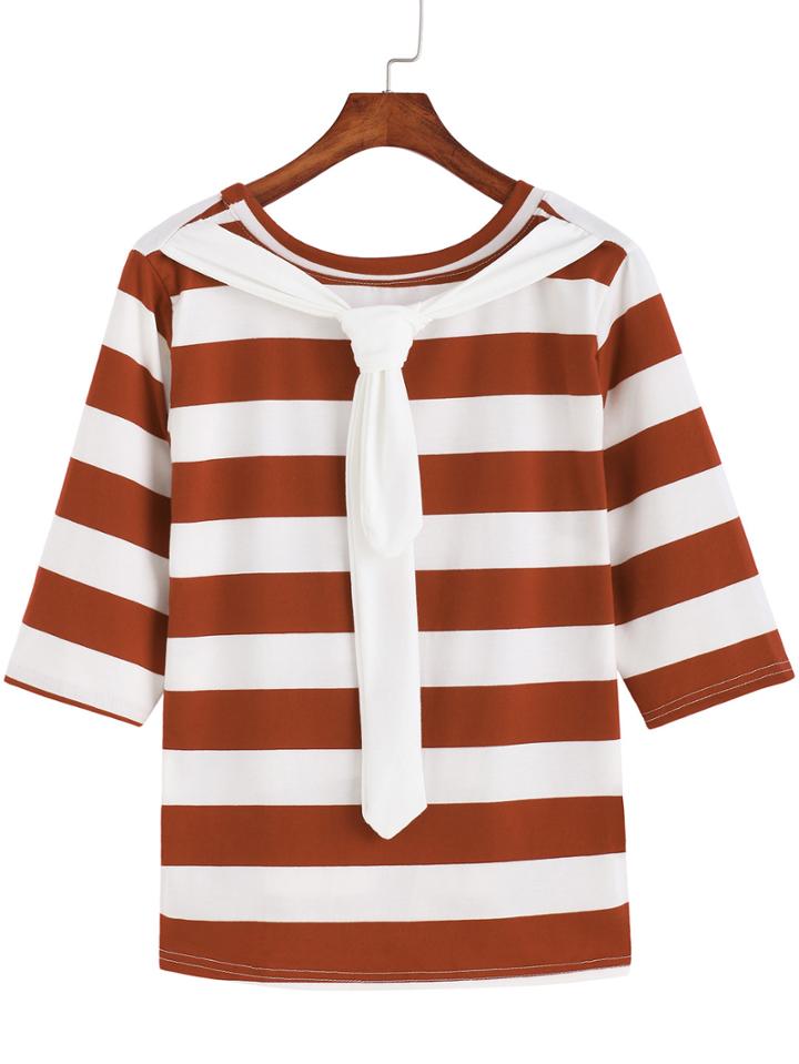 Romwe Self-tie Striped Khaki T-shirt