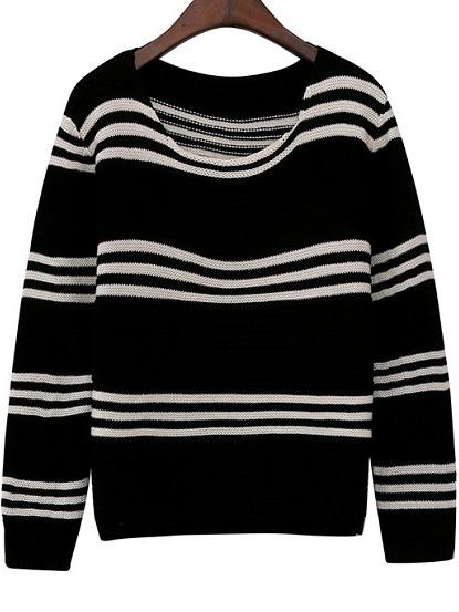 Romwe Round Neck Striped Wine Black Sweater